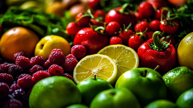 A close-up shot of fresh, colorful fruits and vegetables arranged in a vibrant display, symbolizing the importance of food safety and healthy eating .World Food Safety Day
