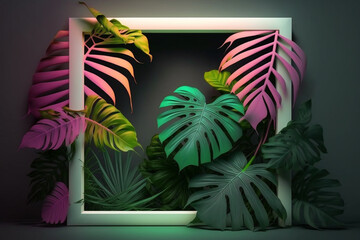 Palm tropic leaves with white frame and neon light
