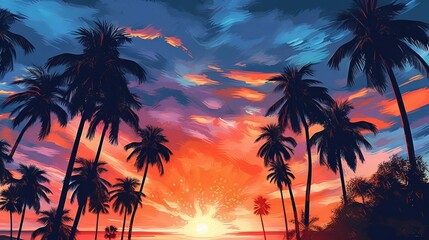 Fototapeta na wymiar Evening on the beach with palm trees. An evening on the beach with palm trees. Colorful picture for rest. Blue palm trees at sunset. Orange sunset in the blue sky. Palmeny island. Summer generative ai