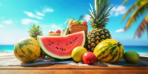 Obraz na płótnie Canvas Freshy fruits watermelon and pineapple on tropical beach blue sky background. Generative AI