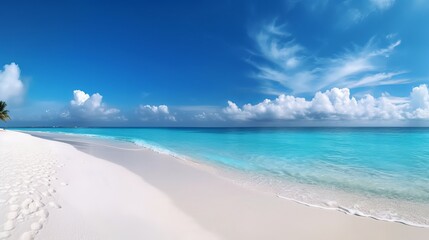 Fototapeta na wymiar Panorama of a beautiful white sand beach and turquoise water in Maldives. Holiday summer beach background.. Wave of the sea on the sand beach. generative ai