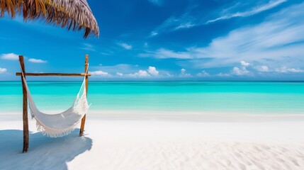 Tropical beach background as summer relax landscape with beach swing or hammock and white sand and calm sea for beach template. Amazing beach scene vacation and summer holiday concept. generative ai