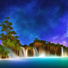 Waterfall over a lake with a cosmic night sky 5