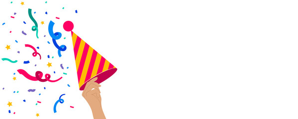 Horizontal banner with a party hat in hand with a festive confetti around it. Illustration on transparent background