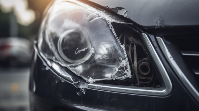 Pictorial Representation of a Broken and Fractured Headlight on a Vehicle, Showcasing the Aftermath of an Accident - Generative AI Illustration