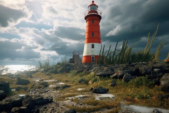 Beautiful coastal landscape with a lighthouse, generative ai