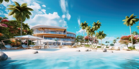 Naklejka premium Luxury Resort on Tropical Beach, Hotel with Swimming Pool for Summer Time. Generative AI