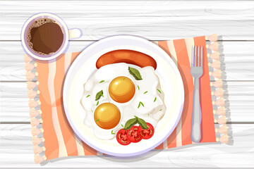 Brakfast with coffee Egg and tomatos and sauseges fried on plate, kitchen wooden table top view decorated with tablecloth in cartoon style. Morning food