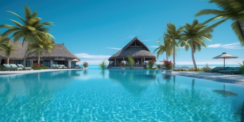 Fototapeta premium Luxury Resort on Tropical Beach, Hotel with Swimming Pool for Summer Time. Generative AI