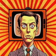 Cartoon style picture of shocked man with TV. Beautiful illustration picture. Generative AI