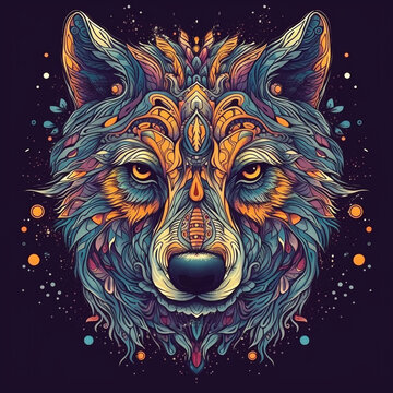 Illustration of a wolf's head with vibrant patterns and colors