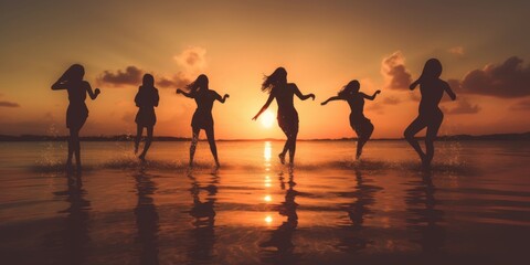 Silhouette Group of Firends Dancing on The Beach Summer Sunset Background. Generative AI