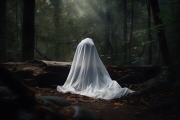 ghost in white sheet in the middle of forest, generative ai generated