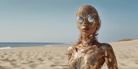 Blonde Frau am Strand in einem extravaganten goldenen Outfit, Generative AI