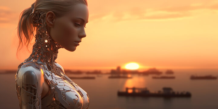 Weiblicher Cyborg vor einem Sonnenuntergang, Generative AI