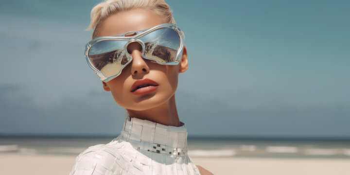 Hübsche blonde Frau am Strand mit extravaganter Brille, Generative AI