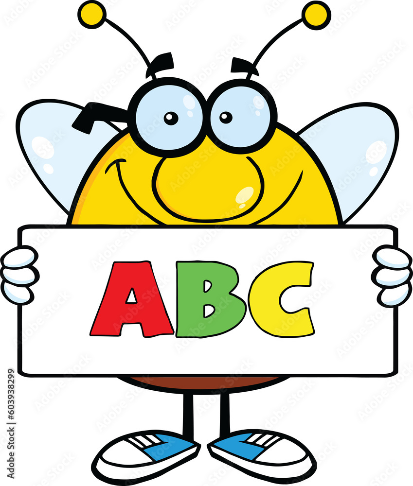 Wall mural smiling pudgy bee cartoon character holding a banner with text abc. hand drawn illustration isolated