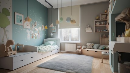 nice and cool children's room, with cozy lights, restrained color