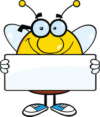 Smiling Pudgy Bee Cartoon Mascot Character Holding A Banner. Hand Drawn Illustration Isolated On Transparent Background