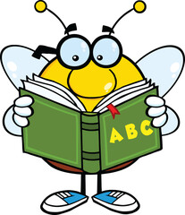 Pudgy Bee Cartoon Mascot Character With Glasses Reading A ABC Book. Hand Drawn Illustration Isolated On Transparent Background