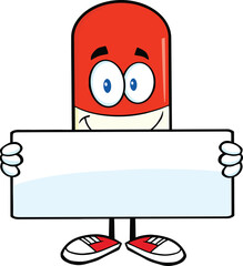 Pill Capsule Cartoon Mascot Character Holding A Banner. Hand Drawn Illustration Isolated On Transparent Background
