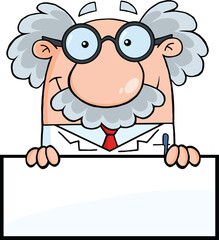 Smiling Scientist Or Professor Over Blank Sign. Hand Drawn Illustration Isolated On Transparent Background