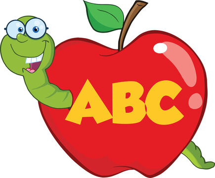Happy Worm In Red Apple With Glasses And Leter ABC. Hand Drawn Illustration Isolated On Transparent Background