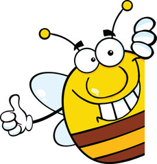 Pudgy Bee Cartoon Mascot Character Giving A Thumb Up Behind A Sign. Hand Drawn Illustration Isolated On Transparent Background
