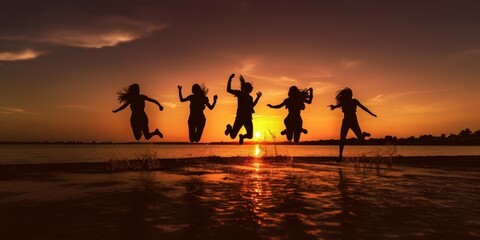 Fototapeta premium Silhouette Group of Firends Jumping on The Beach Summer Sunset Background. Generative AI