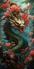 Obraz premium Japanese dragon in cherry blossom. Beautiful illustration picture. Generative AI