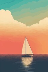 Fototapeta premium Minimalistic colorful art of a sailboat in the sea. Beautiful illustration picture. Generative AI