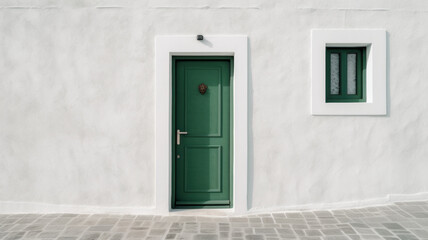 Fototapeta na wymiar A white wall with a green door and window. Generative AI.