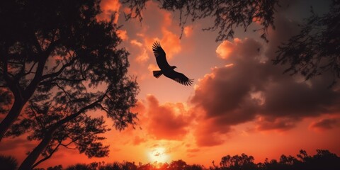 Fototapeta premium Silhouette of bird flying on sunset orange sky background. Generative AI