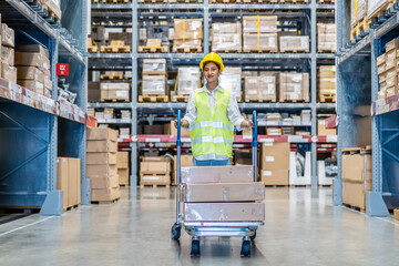 Portrait of employee female warehouse professional worker in uniform working in inventory with stacked up shelves in logistics center factory, Warehouse operation carry carton box keep in the shelf