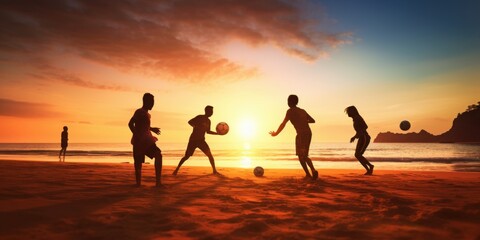 Silhouette Group of Firends Playing Football on The Beach, Summer Sunset Background. Generative AI