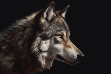 Watercolor colorful art portrait of wolf isolated on black background. Generative AI illustration.