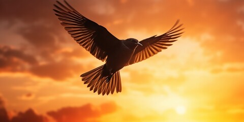 Naklejka na ściany i meble Silhouette of bird flying on sunset orange sky background. Generative AI