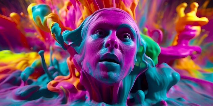 Psychedelic mashup of colors with human face. Beautiful illustration picture. Generative AI