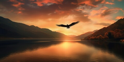 Silhouette of bird flying on sunset background with river and mountain landscape. Generative AI