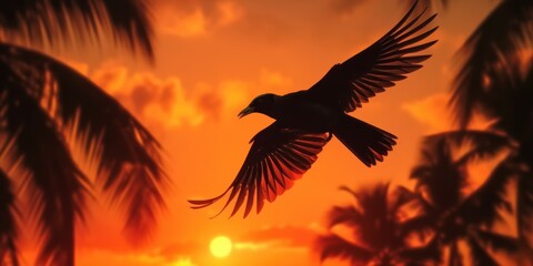 Obraz premium Silhouette of bird on tropical beach and sea sunset background. Generative AI