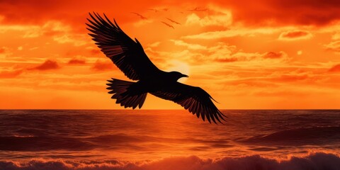 Fototapeta na wymiar Silhouette of bird on tropical beach and sea sunset background. Generative AI