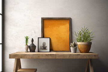 Minimalist wooden desk with empty yellow canvas photo frame, flower pots nad vases. Generative AI.