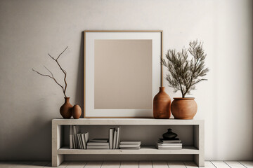 Nature inspired minimalist desk with empty photo frames, clay vase and books under shelves, beige, purity. Generative AI.