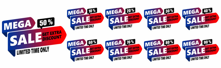 Set of sale tags or banner, mega sale get extra discount with different offer. 50, 10, 20, 30, 40, 60, 70, 80, 90 percent. Vector illustration. Isolated on a white background.