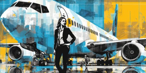 Pop art style of young woman that is standing in uniform near plane. Beautiful illustration picture. Generative AI