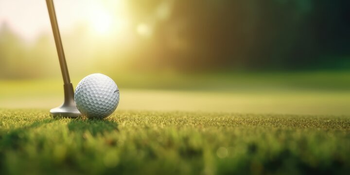 Close up view of golf club and ball on green meadow. Beautiful illustration picture. Generative AI