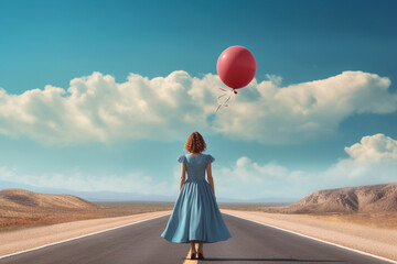 Live today hope for tomorrow, the girl with balloons with blue sky and golden field by generative AI. 