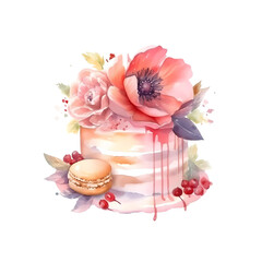 Romantic Watercolor Birthday Cake with Candle and Floral Surroundings, Created by Generative AI 
