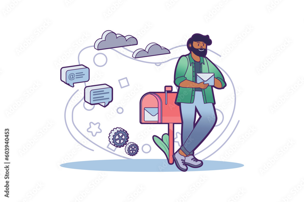Poster concept mail service with people scene in the flat cartoon design. the man checks the letters in the