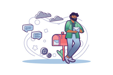 Concept Mail service with people scene in the flat cartoon design. The man checks the letters in the envelope that he received in the mailbox. Vector illustration.